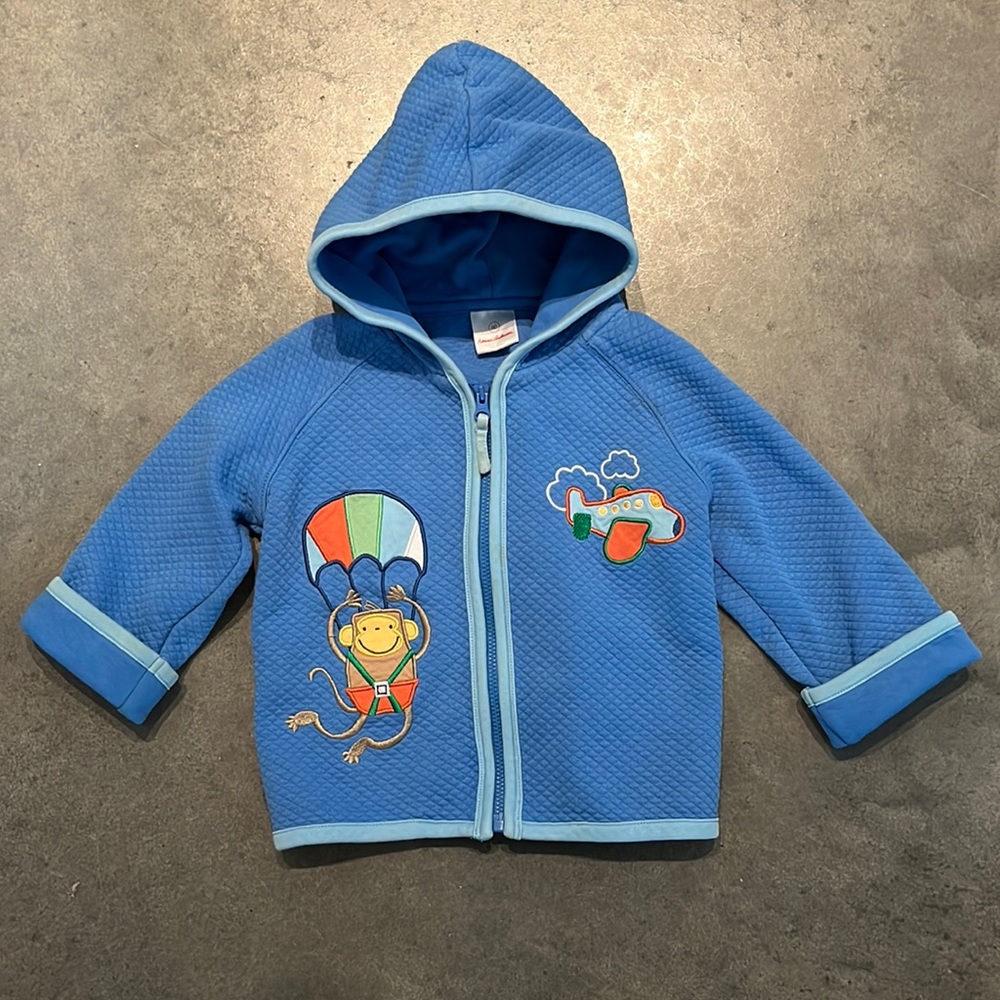 Hanna Andersson Quilted Hoodie Airplane Monkey 80 2T